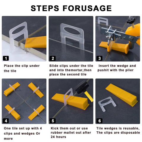 Tile Leveling System Clips One Thirty Second Inch, 2500 Piece Tile Spacers With Sixteen Ounce Rubber Mallet Hammer usage steps