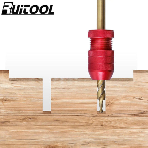 Adjustable Drill Depth Stop Collar Set For Drill Bits with Aluminum Ring showing depth control in wood, two-pack view