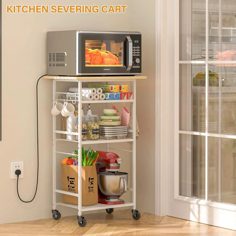 Super Smooth Rollin 4 Tier Microwave Cart With Gotta Have Storage For Coffee Bar Printer Stand Or Kitchen Counter Easy Glide Wheels, featuring a microwave and organized shelves.