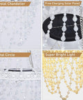 Give Your Outdoor Patio A Major Glow Up With This Stunning Handcrafted Solar Crystal Chandelier Featuring Cascading Diamond Sparkles And Weather Proof White Metal Frame, highlighting solar panel and crystal details.