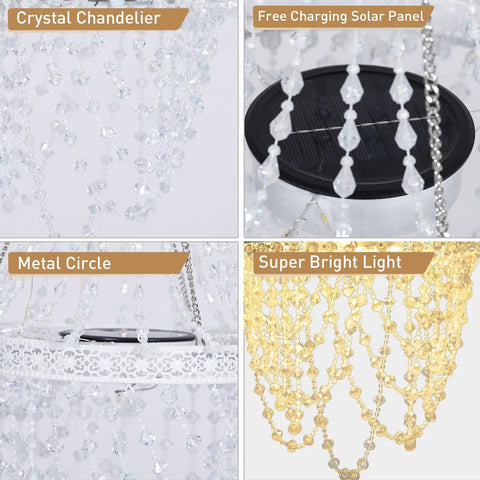 Give Your Outdoor Patio A Major Glow Up With This Stunning Handcrafted Solar Crystal Chandelier Featuring Cascading Diamond Sparkles And Weather Proof White Metal Frame, highlighting solar panel and crystal details.