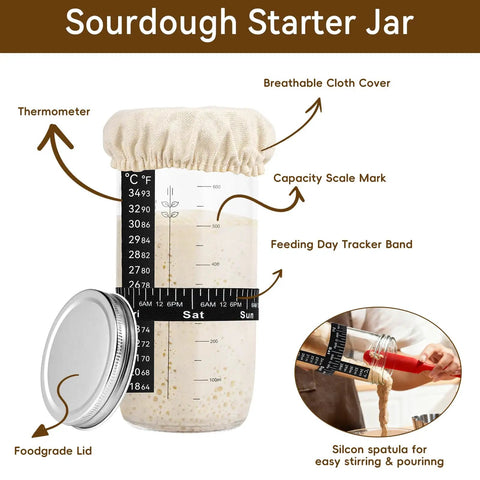 All In One Sourdough Starter Kit with starter jar, cloth cover, feeding band, thermometer, and lid for home baking.