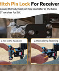 Heavy Duty Stainless Steel Trailer Hitch Pin Set For 2 Inch And 2.5 Inch Receivers With Clip demonstrated on vehicle hitch