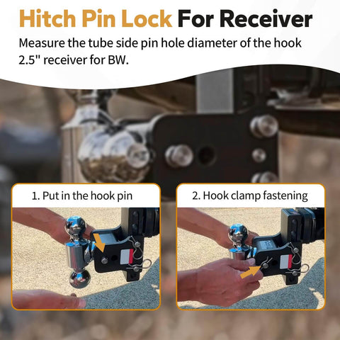 Heavy Duty Stainless Steel Trailer Hitch Pin Set For 2 Inch And 2.5 Inch Receivers With Clip demonstrated on vehicle hitch