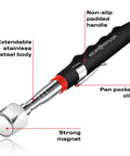 Telescoping Magnetic Pickup Tool With A 25 Pound Pull Stainless Steel Magnet Extendable Up To 30 Inches Non Slip Rubber Grip Rust Proof And Corrosion Resistant Easy Retrieval Of Small Metal Parts From Tight Spots with labeled features.