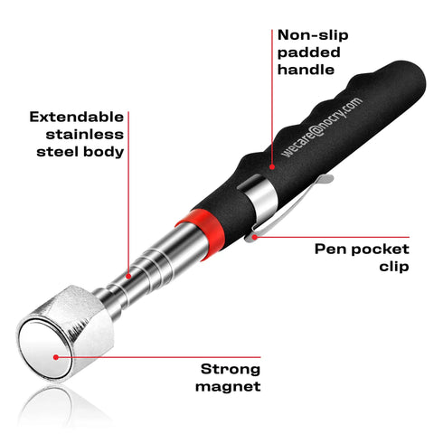 Telescoping Magnetic Pickup Tool With A 25 Pound Pull Stainless Steel Magnet Extendable Up To 30 Inches Non Slip Rubber Grip Rust Proof And Corrosion Resistant Easy Retrieval Of Small Metal Parts From Tight Spots with labeled features.