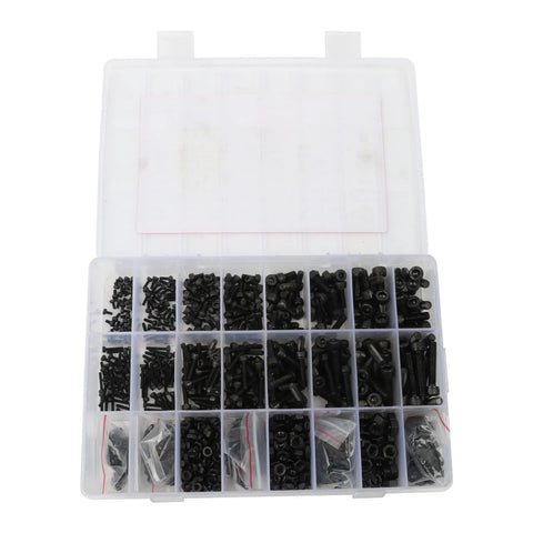 Heavy Duty Metric Bolts And Nuts Set With Flat And Lock Washers M2 To M5, 12.9 Grade Alloy Steel, Built To Last, Precise Threads Under 0.01mm Tolerance For Quick, No Fuss Assembly. Black fastener assortment in labeled plastic case