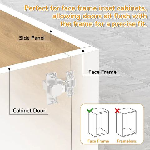 Four Pack Face Frame Inset Cabinet Hinges Offering Buttery Smooth Slow Close Action Alongside Heavy Duty Three Dimensional Sliding Plates For Seamless Flush Door Alignment, showing flush fit with cabinet.