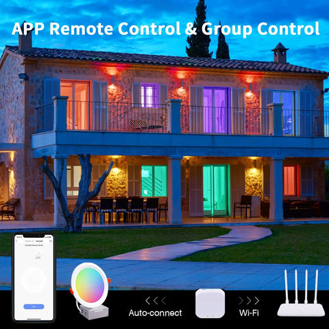 Colorful house lighting with WiFi RGBCW Recessed Lighting Kit 6 Pack, 6 Inch Downlights, app control display on phone screen.