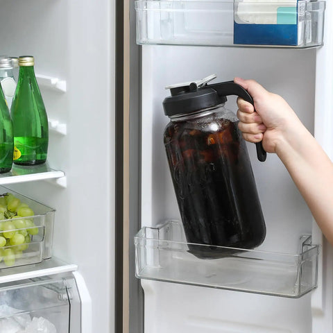 2 Quart Glass Pitcher With Lid Airtight Leakproof Mason Jar Pitcher With Filter Lid Wide Mouth Glass Jar Heavy Duty Glass Container For Water Juice Milk Tea Iced Coffee And Other Drinks All Day Everyday being placed in fridge