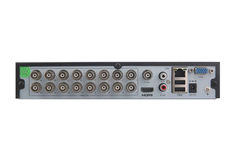 Back view of 16 Channel Hybrid DVR NVR System 1080P Lite 5 In 1 Supports Up To 5MP IP Cameras And 1080P AHD TVI CVI CVBS Analog Cameras Standalone CCTV Surveillance Video Recorder No HDD, showing multiple input ports.