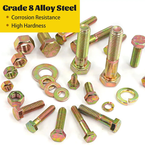 Close-up of Grade 8 alloy steel bolts, nuts, and washers from the Kickass 800 Piece SAE Hex Bolt And Nut Assortment Kit.
