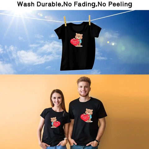 30 Sheets Dark Fabric Heat Transfer Paper For Diy T Shirt Projects 8.3 X 11.7 Inches Iron On Transfer Paper For Inkjet Printers Washable No Cracking No Fading Easy Application on black T-shirt with bear design hanging in sun and worn by models