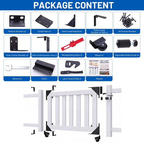 Heavy Duty Sliding Gate Hardware Kit With Anti Sag Roller Braces, includes gate parts and tools for installation.