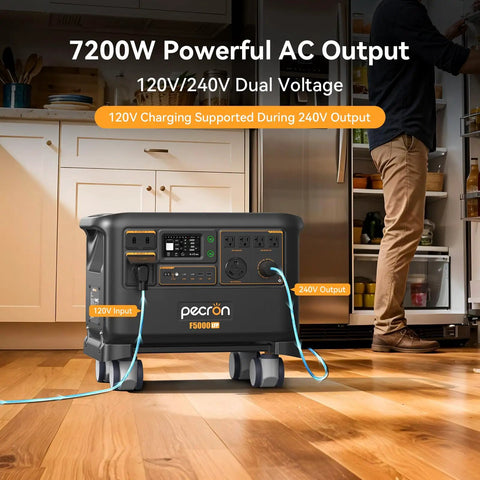 Beefy 5120Wh LiFePO4 Solar Power Station With 7200W Pure Sine Wave Inverter featured in kitchen with dual voltage outputs
