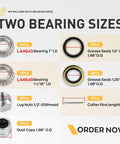 LockAndLoad 2000Lb Boat Trailer Hub Assembly With SmoothOperator Sealed Bearings two bearing sizes and accessories displayed.