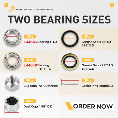 LockAndLoad 2000Lb Boat Trailer Hub Assembly With SmoothOperator Sealed Bearings two bearing sizes and accessories displayed.