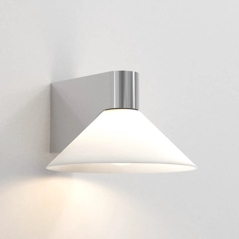 Close-up of Conic Geometric Bathroom Wall Light In Polished Chrome Damp Rated G9 Vanity Fixture Dimmable Sconce with glass shade