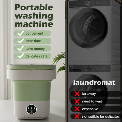 Super Smooth Foldable Mini Washing Machine With Quick Spin Basket for tiny apartments, lightweight green TPE construction.