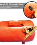 Heavy Duty Brass Tank Valve For Air Compressors With Schrader Valve One Eighth Inch NPT Anti Corrosion Male Connection Prevents Leaks At Up To 200 PSI Pack Of Four attached to red compressor tank