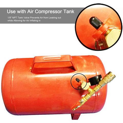 Heavy Duty Brass Tank Valve For Air Compressors With Schrader Valve One Eighth Inch NPT Anti Corrosion Male Connection Prevents Leaks At Up To 200 PSI Pack Of Four attached to red compressor tank