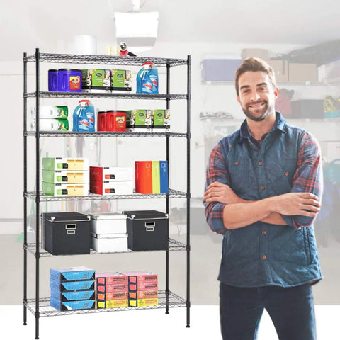 Heavy Duty Adjustable Wire Shelving Unit Featuring Six Tier Metal Storage Rack Rock Solid Design Tailored For Garage Organization And Closet Storage With Custom Height Adjustments And Matte Black Finish