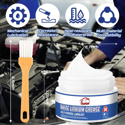 White Lithium Grease Go To Multi Purpose Lubricant With Built In Brush For Metal To Metal Hinges Gears Bearings And Chains Ideal For Automotive Marine And Industrial Use 3.5oz Long Lasting Protection And Smooth Operation in a jar with a built-in brush next to an engine.