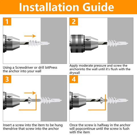 Installation guide for One Hundred Pack Self Drilling Drywall Anchors Plug And Play Plastic Build Quick Install No Messy Prep Heavy Duty Fasteners For Sheetrock Gypsum Walls.
