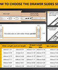 Diagram for 10 Inch Ball Bearing Drawer Slides Set With 6 Pairs, 12 Pieces, showing size options and installation guide for kitchen cabinets.