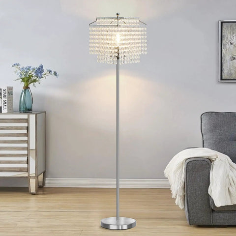 Crystal Floor Lamp 64 Inch Tall With Double Layer Shade in modern silver finish brightening a living room