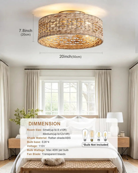 XINGSIYUELYX Boho Rattan Caged Fandelier Ceiling Fans with Lights in bedroom, 20-inch rattan shade, warm bohemian style.