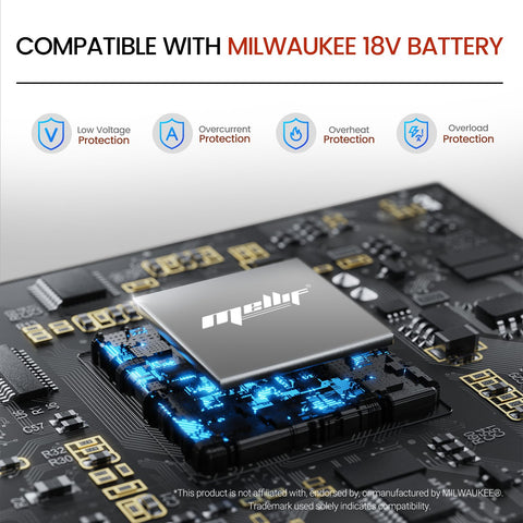 Close-up of electronic circuit board compatible with Milwaukee 18V battery, highlighting protection features.