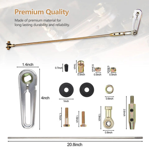 Adjustable Transmission Column Shift Linkage Kit for Chevy Cars and Trucks CB5010 Replacement Part with No Fuss Install, Crisp Shifts, Rugged Steel Build, ACA-1800 Compatible, High Performance Transmission Control. 20.8-inch steel linkage kit shown with hardware