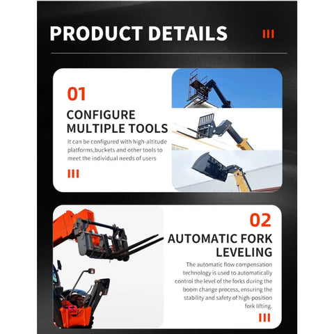 Image showing details of Badass Heavy Duty Telehandler And Telescopic Forklift For Job Sites and Agricultural Farms features and tool configurations.