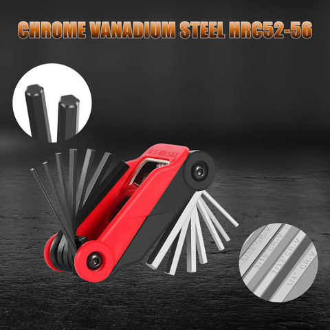 Foldable Hex Key Set With Metric And SAE Allen Wrenches, Pro Grade Chrome Vanadium Steel, black oxide, red handle view