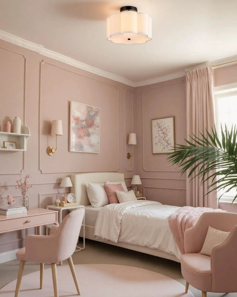 Three Light Semi Flush Mount Ceiling Light Fixture in black finish with white drum shade in elegant pink bedroom setting