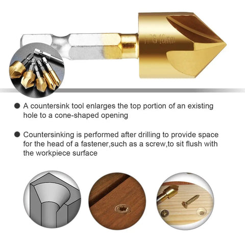 Six Piece Countersink Drill Bit Set With One Quarter Inch Hex Shank HSS Pro Grade Five Flute Countersinks For Wood From Six To Nineteen Millimeters, 90 Degree Center Punch, Quick Change Bit System For Clean, Precise Finishes with diagram
