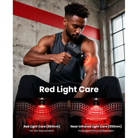 Athlete using X6 Ultra Massage Gun With Heat And Infrared Light Titanium Head Percussion Deep Tissue Massager for muscle recovery.