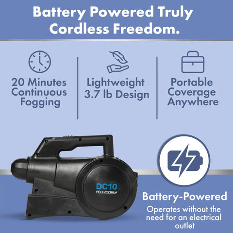 Portable Battery Powered ULV Fogger with Adjustable Droplet Size, 1 Liter Tank, Lightweight 3.7 lb design, cordless.