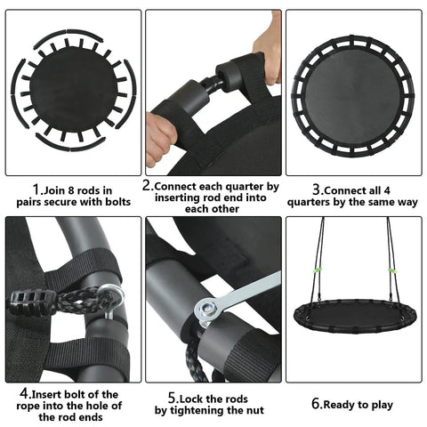 Assembly steps for Black Outdoor Saucer Swing With PP Mat For Yard Garden And Park Easy To Install Sturdy Steel Frame Weather Resistant
