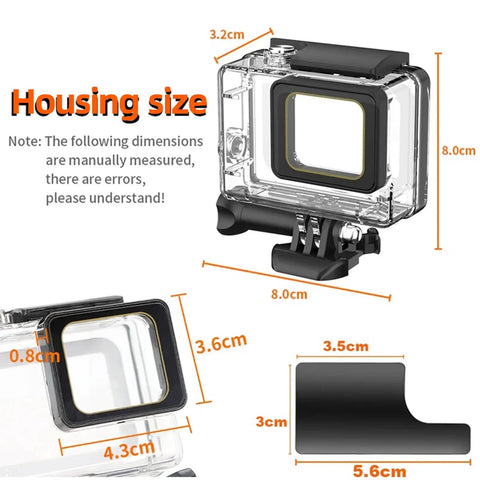 Rugged Underwater Housing For Action Camera 40m Waterproof Case For Hero 7 6 5 Black housing dimensions illustration 8x8x3.5cm