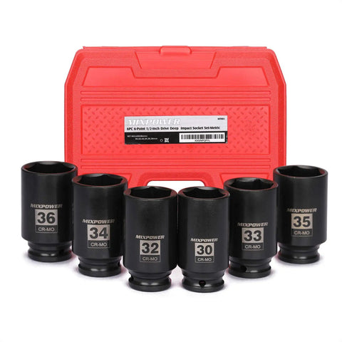 Heavy Duty Six-Piece One-Half Inch Drive Deep Impact Socket Set, Six Point CR-MO Steel, Metric Sizes 30mm to 36mm, with case.