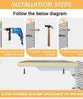 Installation steps for Beefy Rustic Shelf Brackets 10 Inch By 6 Inch, showing drill, hammer, screws, and mounted shelf.