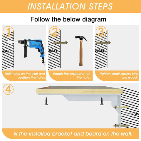 Installation steps for Beefy Rustic Shelf Brackets 10 Inch By 6 Inch, showing drill, hammer, screws, and mounted shelf.
