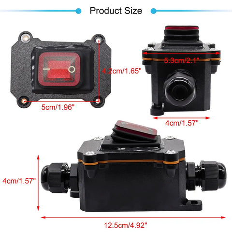 IP67 Waterproof Inline Cord Switch 12V DC 20A DPST 4 Pin Two Position On Off Outdoor Toggle With Red Light Rocker Button Two Side Entry and Exit Line Latching Action Weatherproof Electrical Switch, 12.5cm size