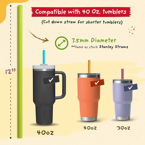 Extra Long 12 Inch Silicone Reusable Straws For Tall Size Tumblers With Included Cleaning Tool BPA Free Flexible Straws For Large 40 Oz Cups Wide Mouth Compatible Durable Easy To Clean On The Go, shown with 40 oz tumblers of varying colors