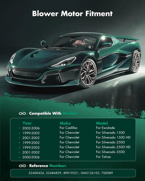Infographic showing compatible vehicles for HVAC Blower Motor With Front Fan Cage 700089 Replacement For Cadillac Escalade and Chevy Silverado.