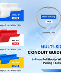 Heavy Duty Conduit Wire Pulling Tool Set With 1/2, 3/4, And 1 Inch Cable Guides with multi-size conduit guides in blue, red, and white.