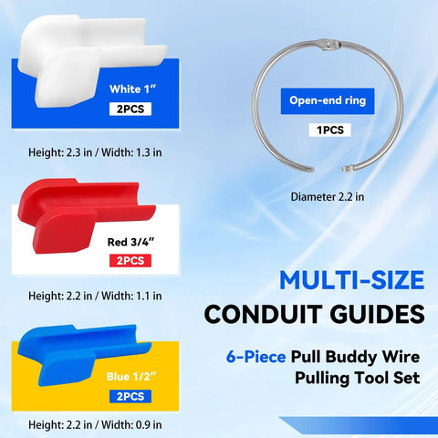Heavy Duty Conduit Wire Pulling Tool Set With 1/2, 3/4, And 1 Inch Cable Guides with multi-size conduit guides in blue, red, and white.