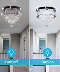 Dimmable Crystal LED Flush Mount Ceiling Light With Remote Control, 11.8 Inch, in hallway, turned off and on display.
